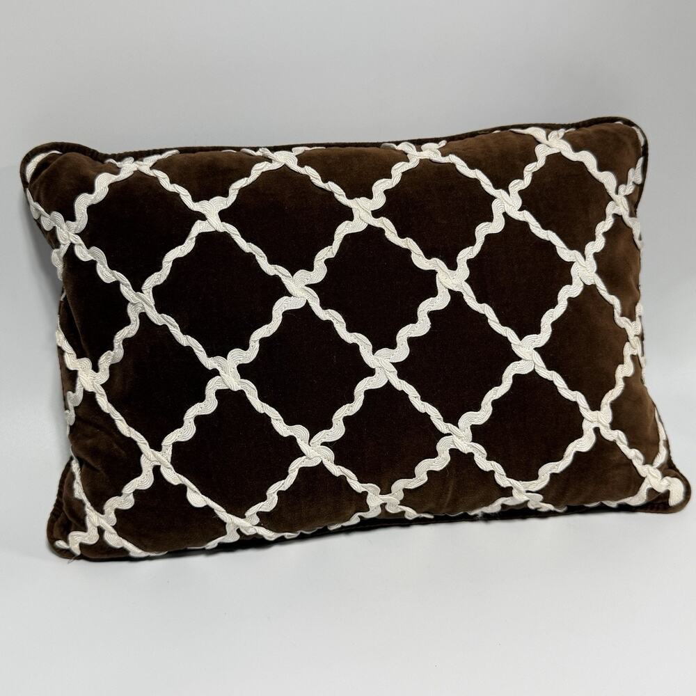 Vintage Brown Velvet White Bric a Brac Throw Accent Pillow 16" Feather Boho 70s